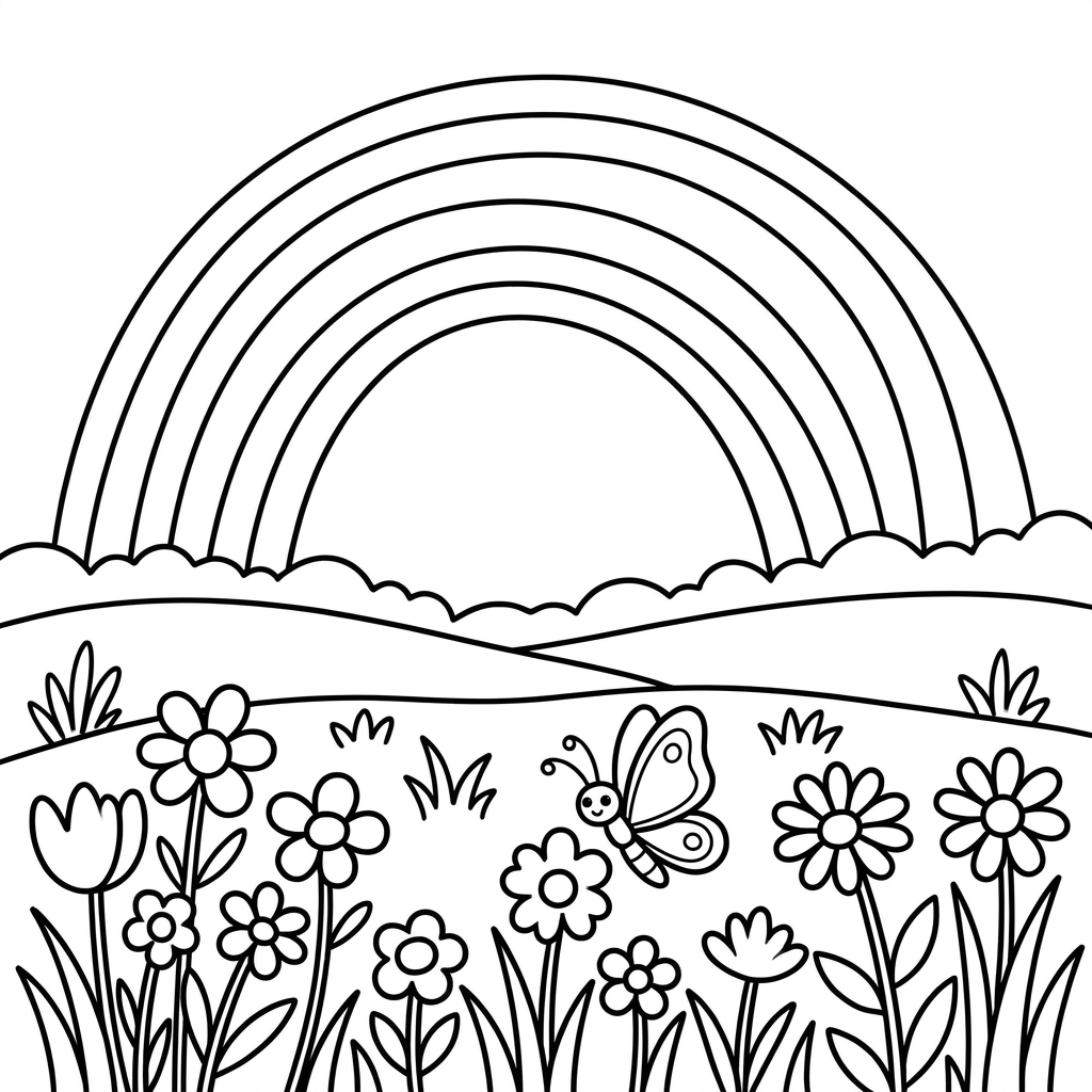 Rainbow over meadow coloring page — free printable rainbow coloring page nature scene for kids.